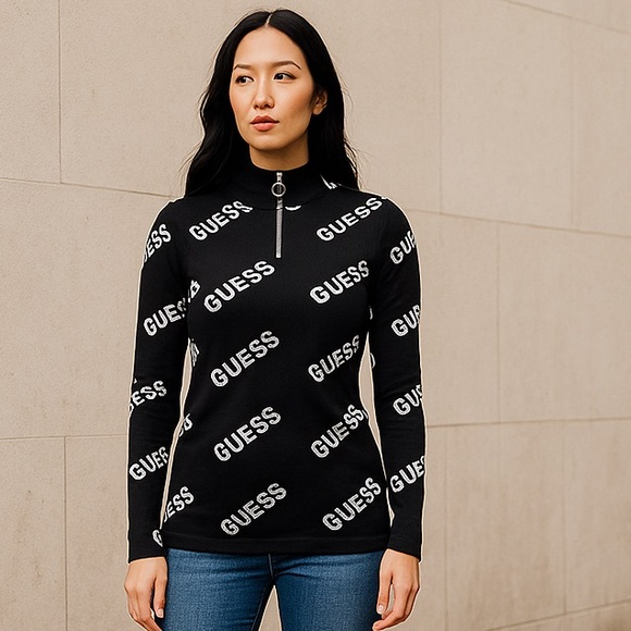 Vintage Guess Quarter Zip Logo Sweater Black White All Over Print Size M Small F - Picture 1 of 13
